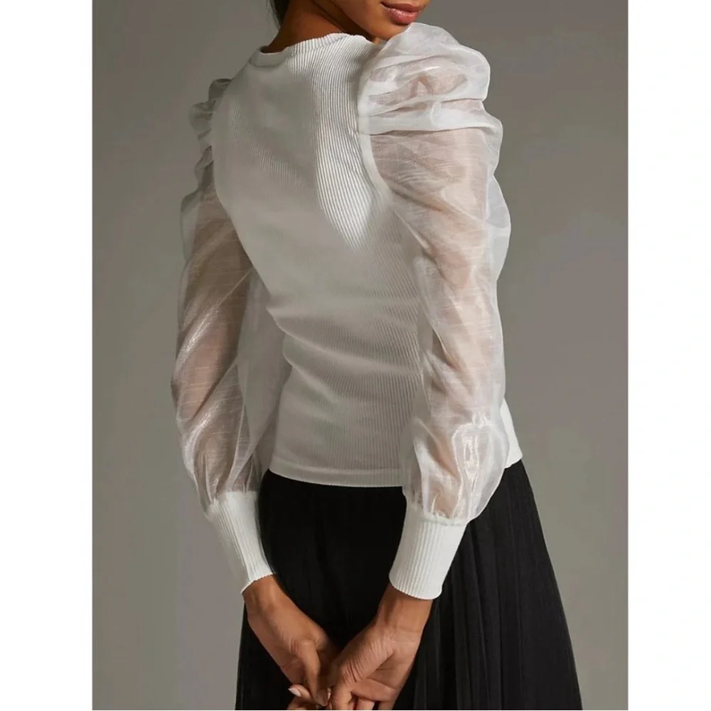 Anthropologie White Sheer Sleeve Top